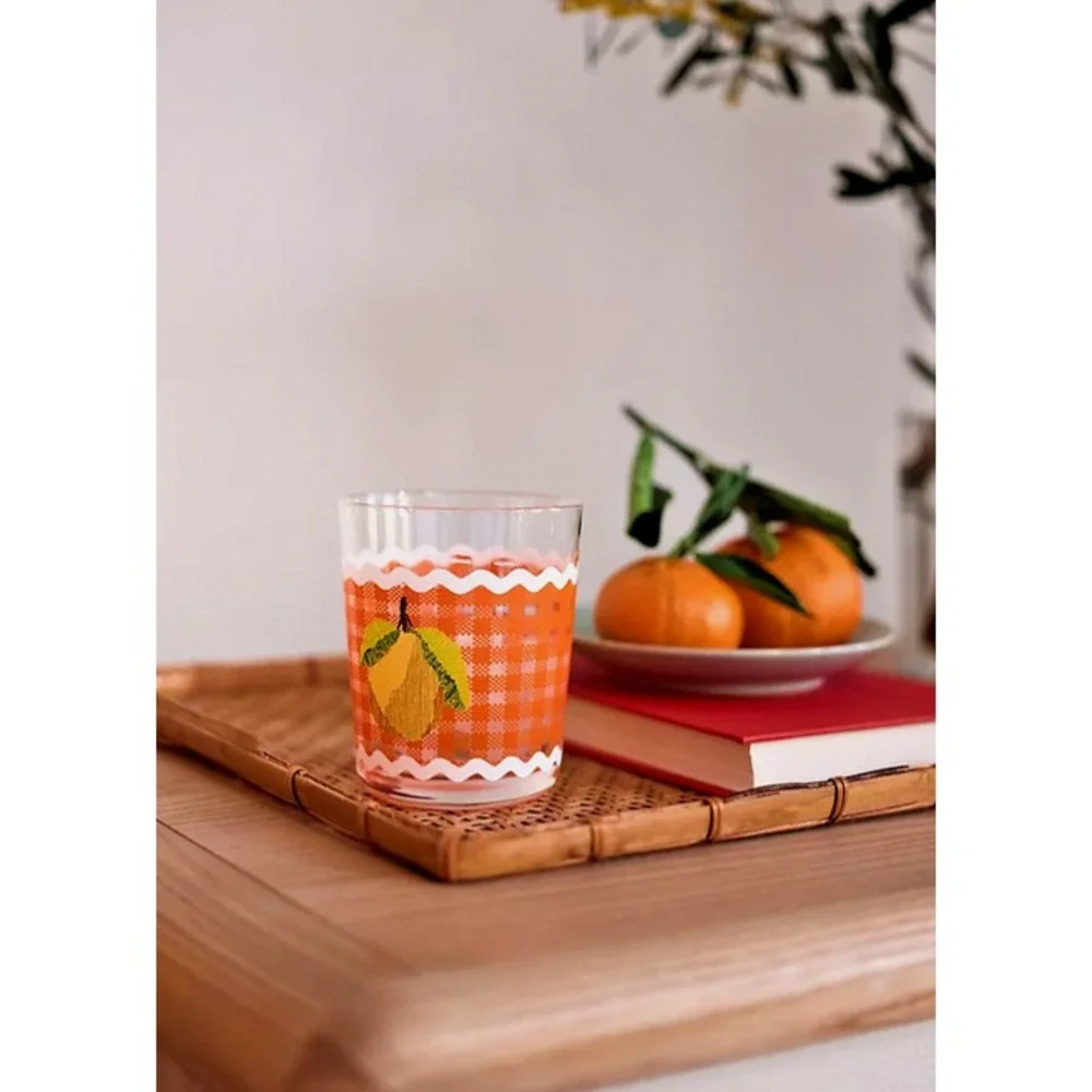 Anthropologie Ischia Gingham Fruit Juice Drinking Glass Set 2 New Orange Pear‎